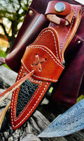 BearRoar Handmade by Troy Blades Custom Handmade Damascus Hunting Camping Bowie with awesome Custom Leather sheathe