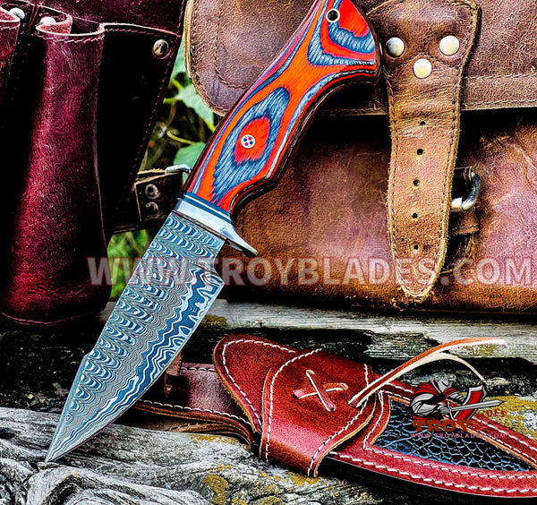 BearRoar Handmade by Troy Blades Custom Handmade Damascus Hunting Camping Bowie with awesome Custom Leather sheathe