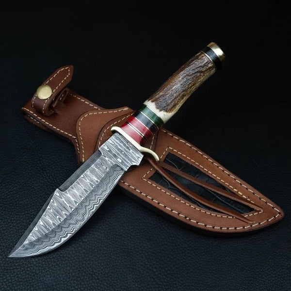 Best Christmas Gift Idea-Free Engraving-Custom Handmade Damascus Antler handle bowie with leather sheathe