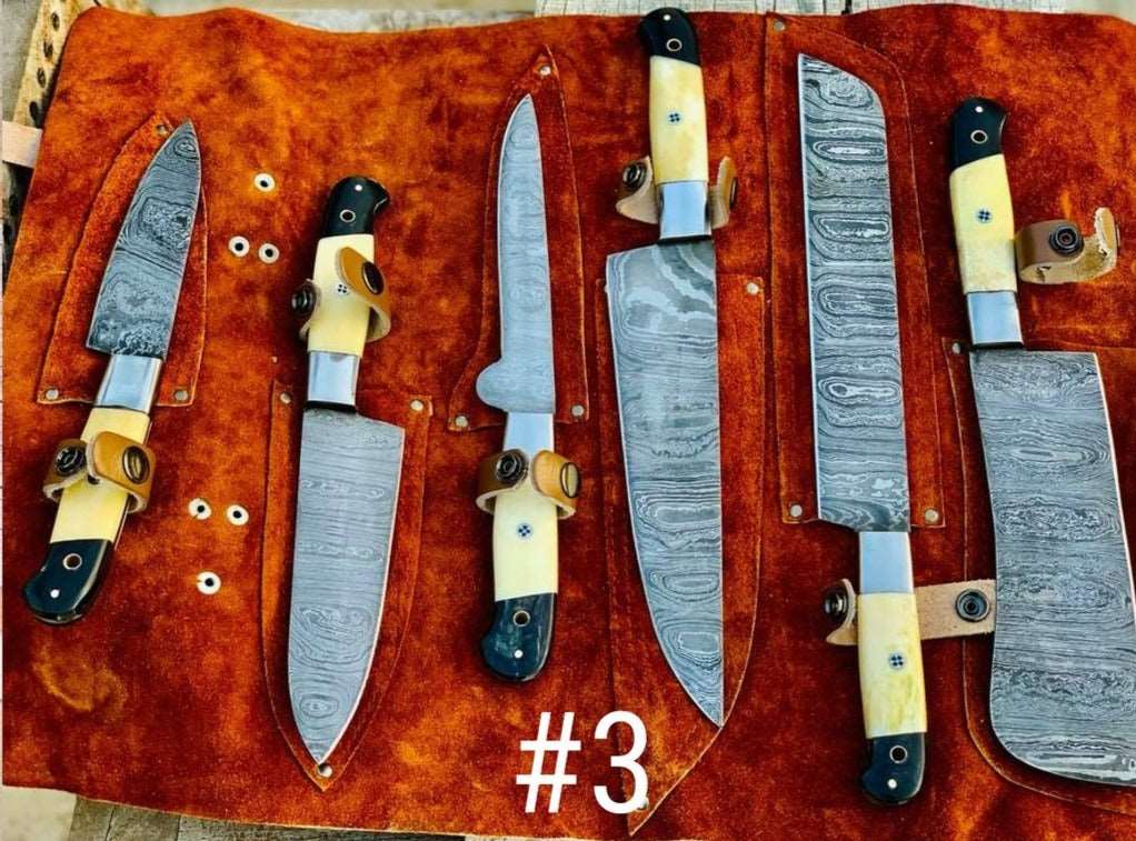 Beautiful Custom Blue hand made Damascus steel kitchen knives set 06 All - Troy Blades