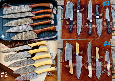 Hand Forged Custom Handmade Damascus Kitchen/BBq knives sets pro5 - Troy Blades