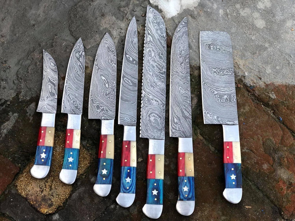 Custom Handmade Damascus Texas Flag Handles Knives set of 7 - Troy Blades