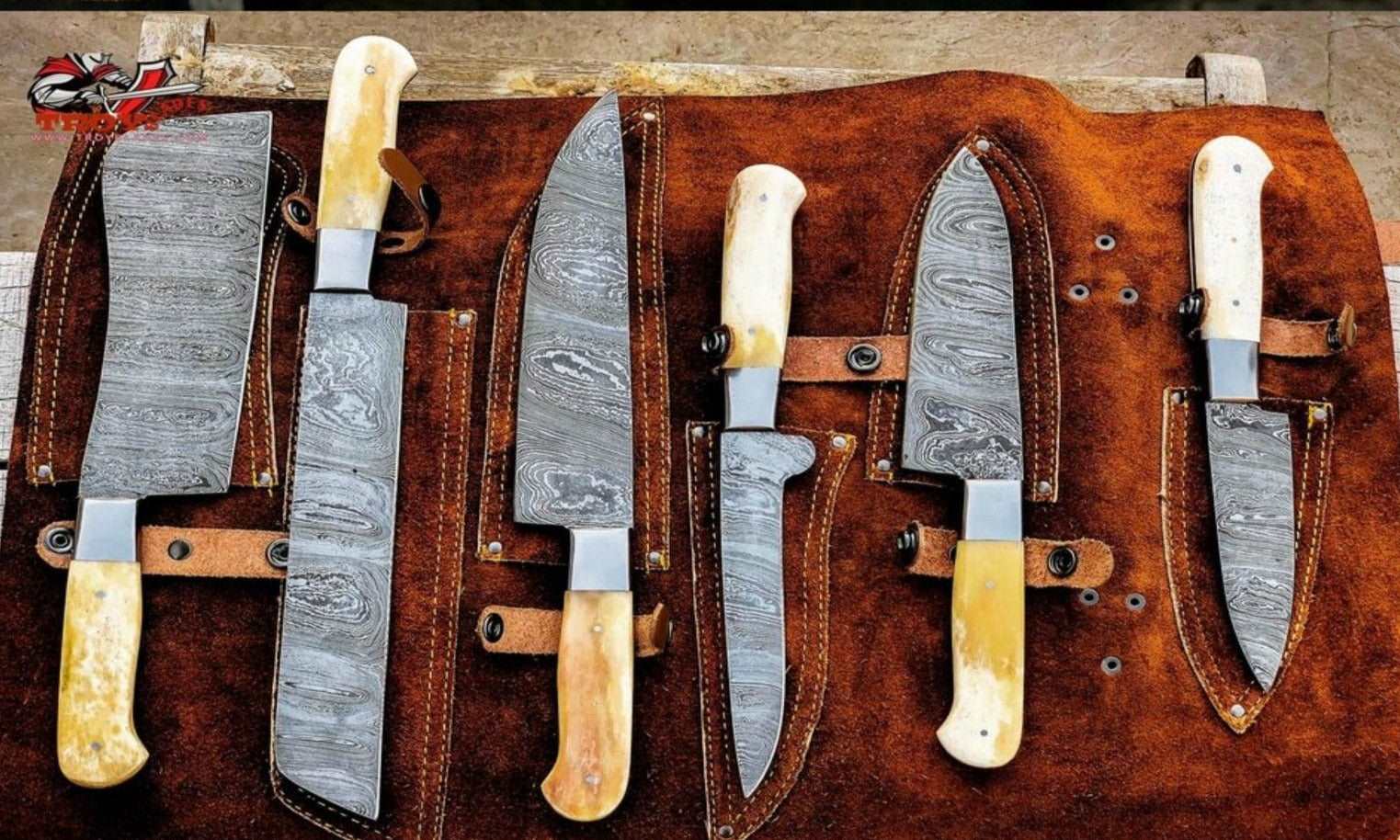 Beautiful Custom Blue hand made Damascus steel kitchen knives set 06 All - Troy Blades