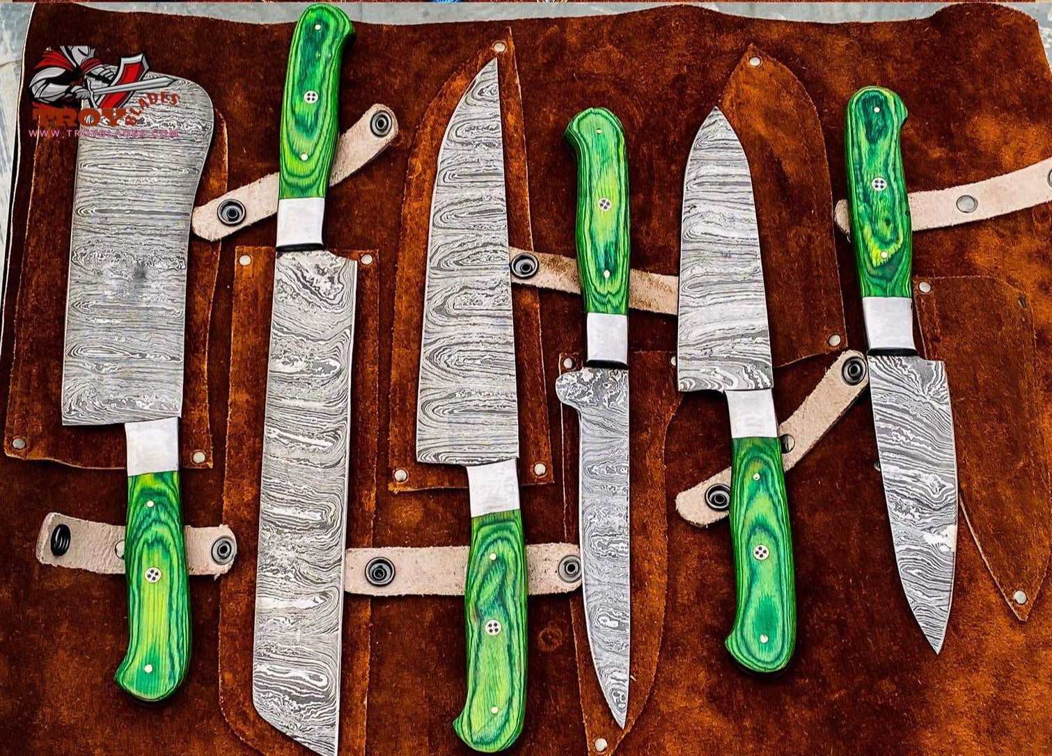 Beautiful Custom Blue hand made Damascus steel kitchen knives set 06 All - Troy Blades