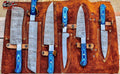 Beautiful Custom Blue hand made Damascus steel kitchen knives set 06 All - Troy Blades