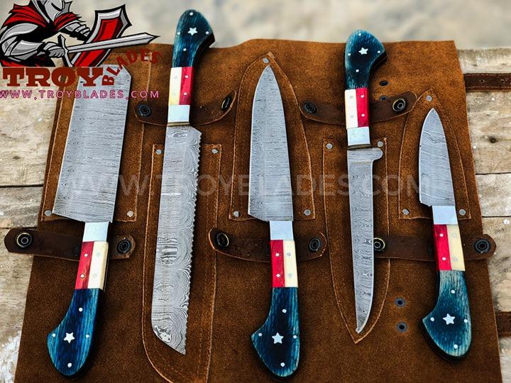 Texas Flag Handles Custom Handmade DamascusOutdoor Kitchen/BBq knives set - Troy Blades