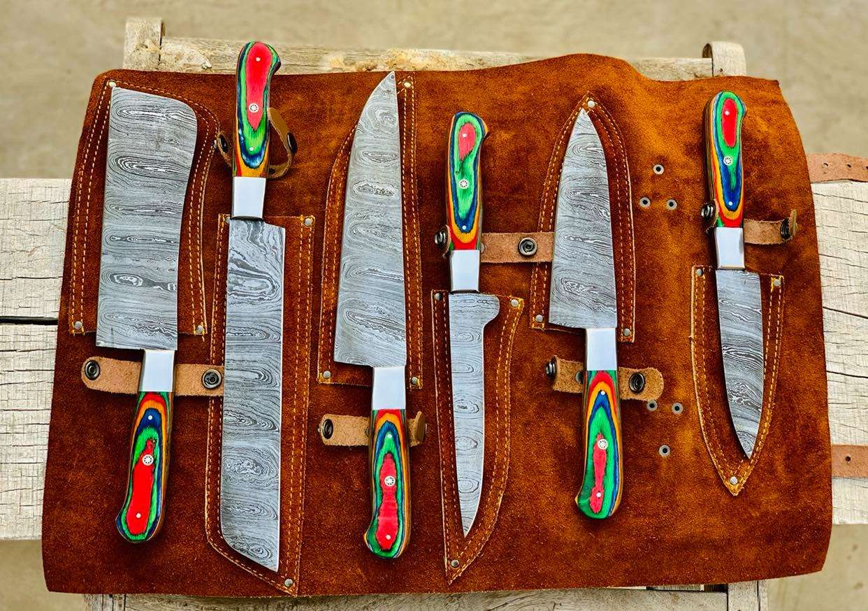 Beautiful Custom hand made Damascus steel kitchen knives set 06 - Troy Blades