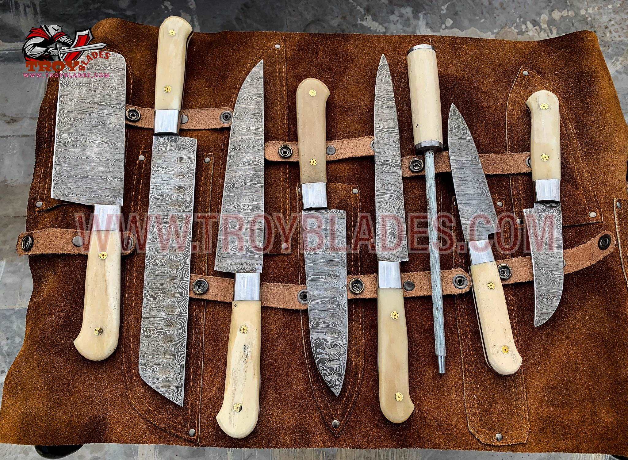 Beautiful Custom hand made Damascus steel kitchen knives set - Troy Blades
