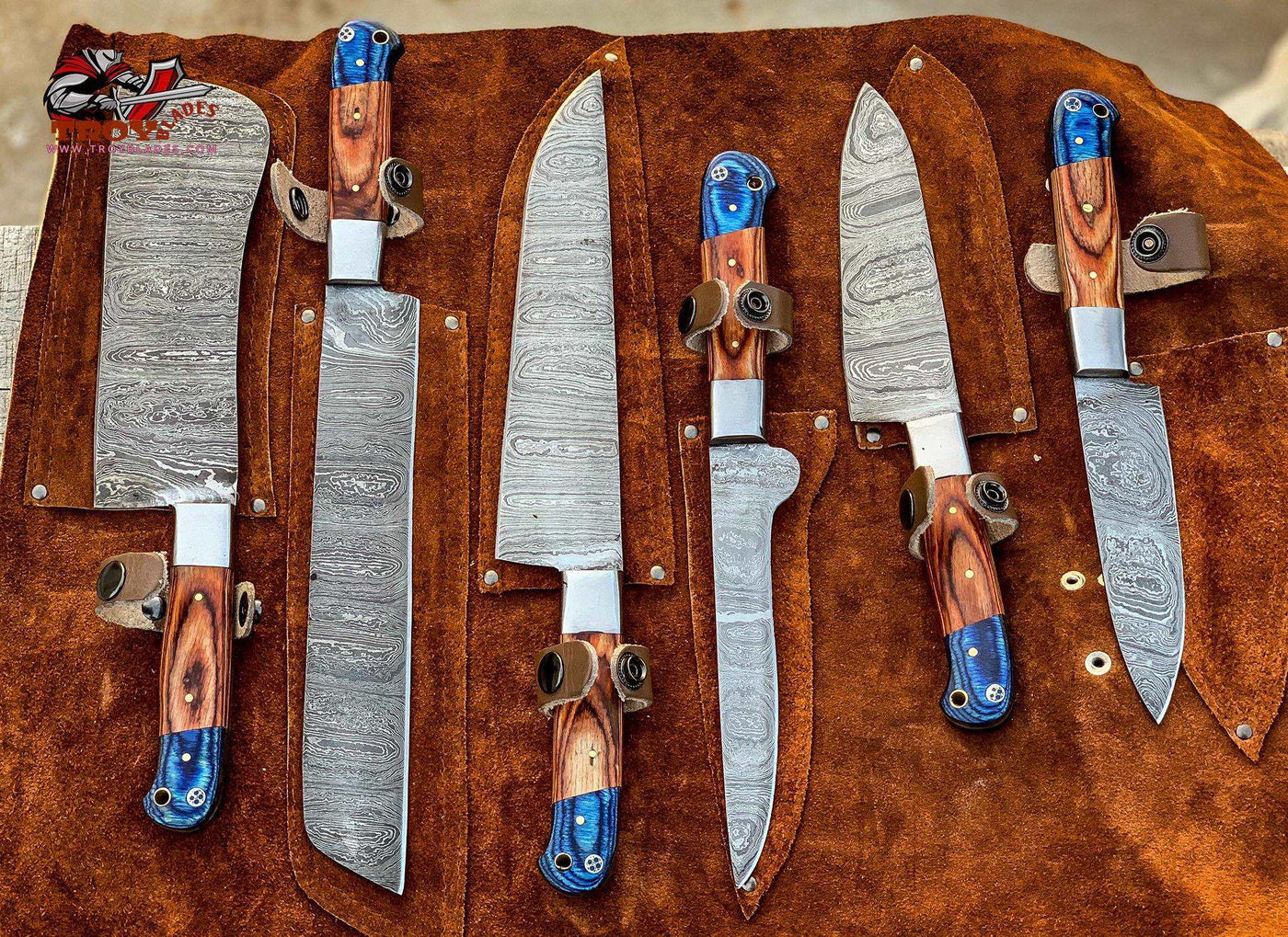 Beautiful Custom hand made Damascus steel kitchen knives set 06 - Troy Blades