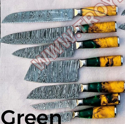Beautiful Custom hand made Damascus steel kitchen knives set 07 - Troy Blades