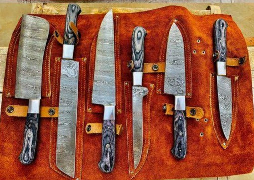 Beautiful Custom Blue hand made Damascus steel kitchen knives set 06 All - Troy Blades