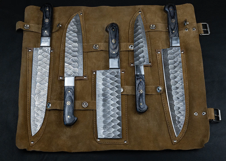 5pcs Custom handmade Damascus rustic style forged Kitchen/bbq set - Troy Blades