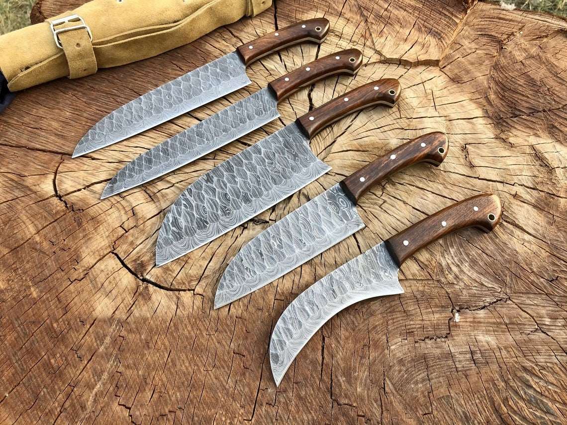 5pcs Custom handmade Damascus forged Kitchen/bbq set with Rosewood handles - Troy Blades