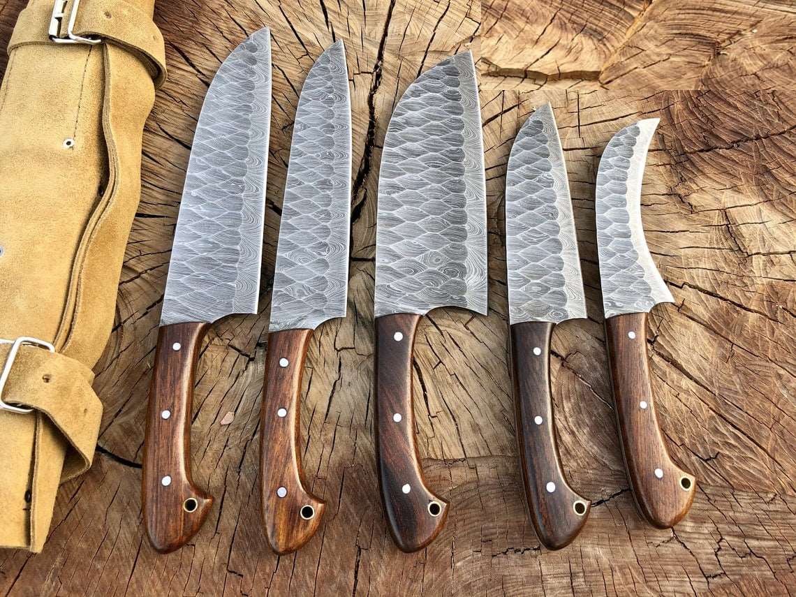 5pcs Custom handmade Damascus forged Kitchen/bbq set with Rosewood handles - Troy Blades