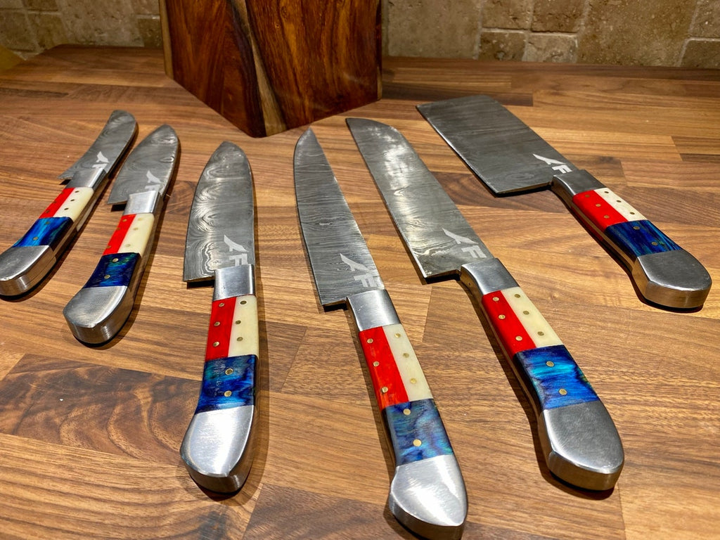 Custom Handmade Damascus Texas Flag Handles Knives set of 7 - Troy Blades