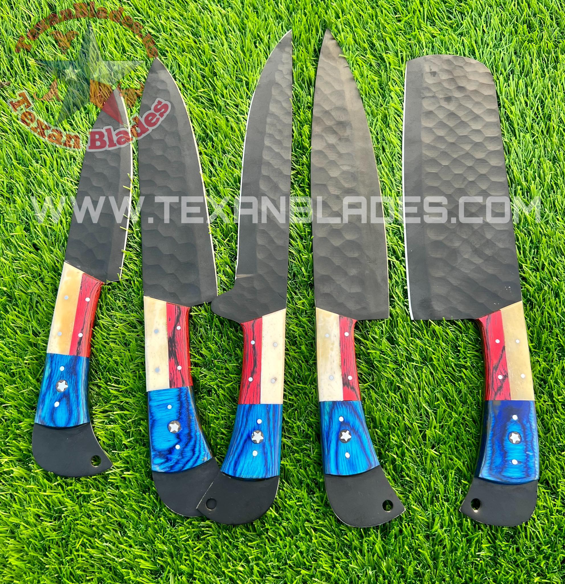 Texas Flag Handles The Valhalla-Black  | 5-Piece Set + Leather Roll - Troy Blades