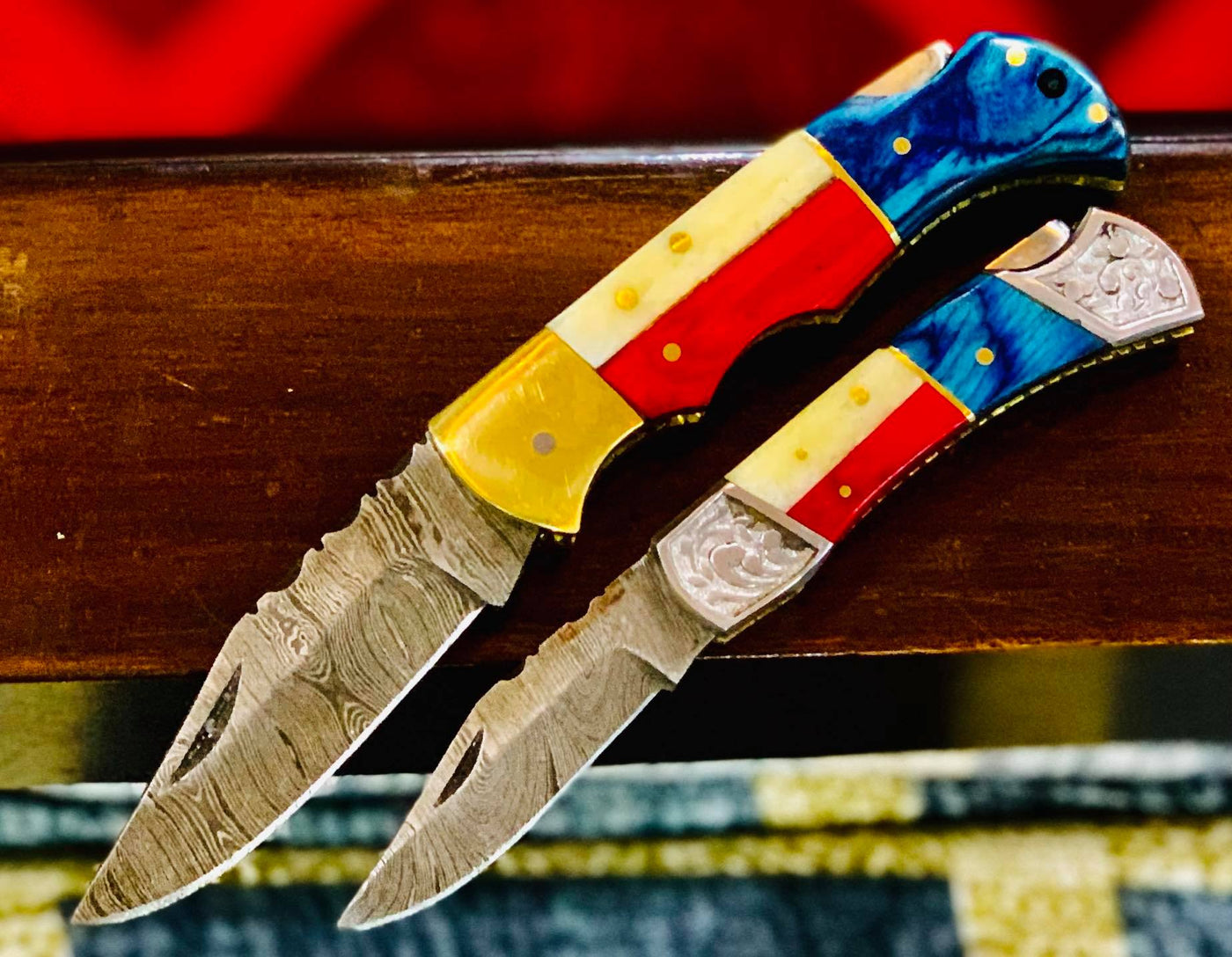 Texas Handles Beautiful Custom Handmade Damascus Pocket knives Pair - Troy Blades