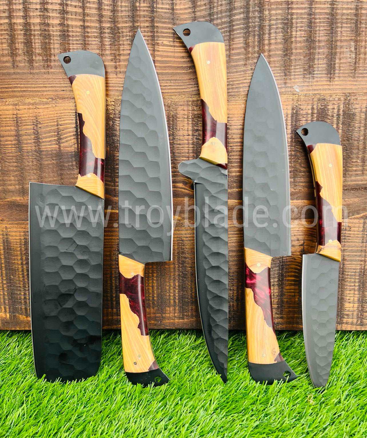 Custom Handmade BBq/Kitchen Set | Leather Roll - Troy Blades