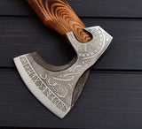 Viking Tomahawk for Sale - Engraved 1095 Forged Steel Blade, Ash Wood Handle with Leather Wrap, Leather Sheath - Troy Blades