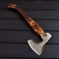 Viking Tomahawk for Sale - Engraved 1095 Forged Steel Blade, Ash Wood Handle with Leather Wrap, Leather Sheath - Troy Blades