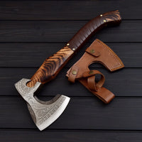 Viking Tomahawk for Sale - Engraved 1095 Forged Steel Blade, Ash Wood Handle with Leather Wrap, Leather Sheath - Troy Blades