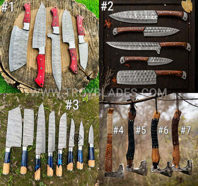Custom Handmade Damascus Kitchen/BBQ sets/ Axes - Troy Blades