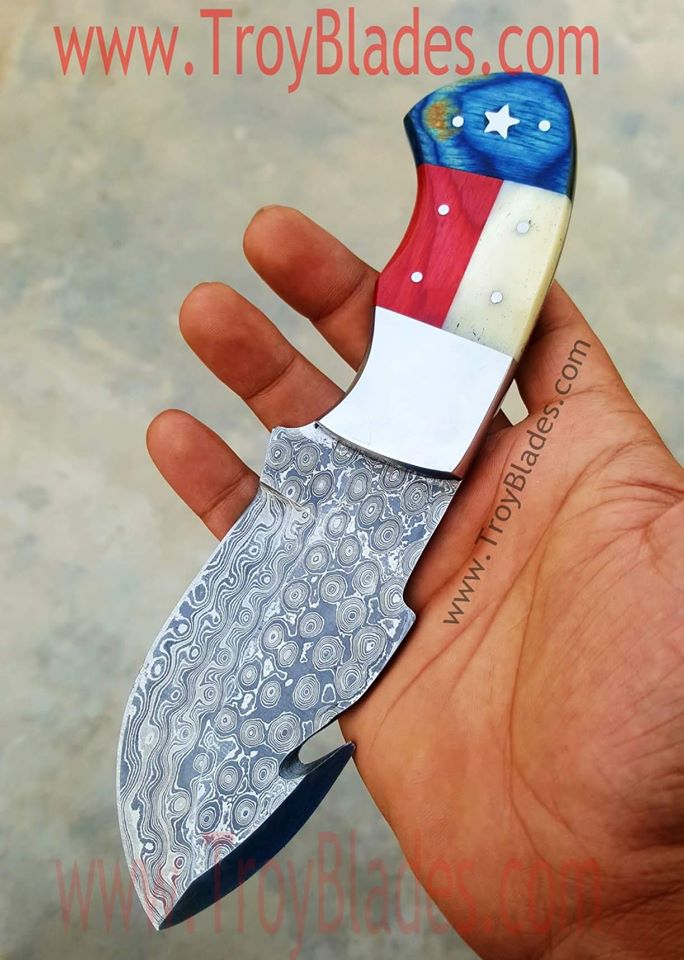 Texas Handle Custom Handmade Damascus Hunting Skinning knife - Troy Blades