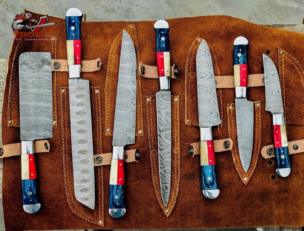 On Sale Limited Stock Custom Handmade Damascus Texas Flag Handles Knives set - Troy Blades