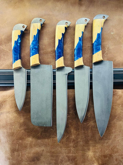 Valhalla BBQ/Kitchen Sets  | 5-Piece Set + Leather Roll - Troy Blades