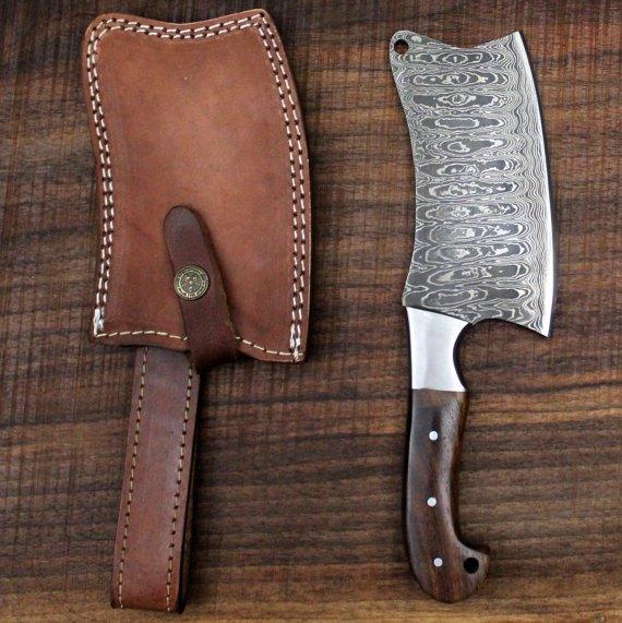 Heavy Duty Damascus Cleaver with Black Walnut Scales - 9.5" - Troy Blades