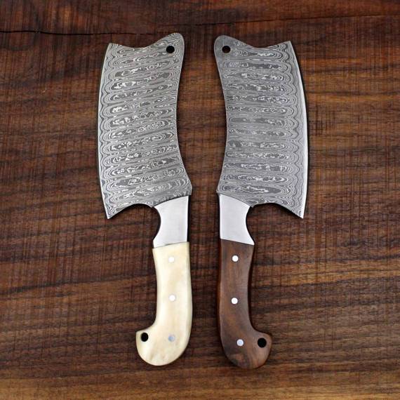 Heavy Duty Damascus Cleavers with Camel Bone and Walnut Wood Scales - 9.5" - Troy Blades