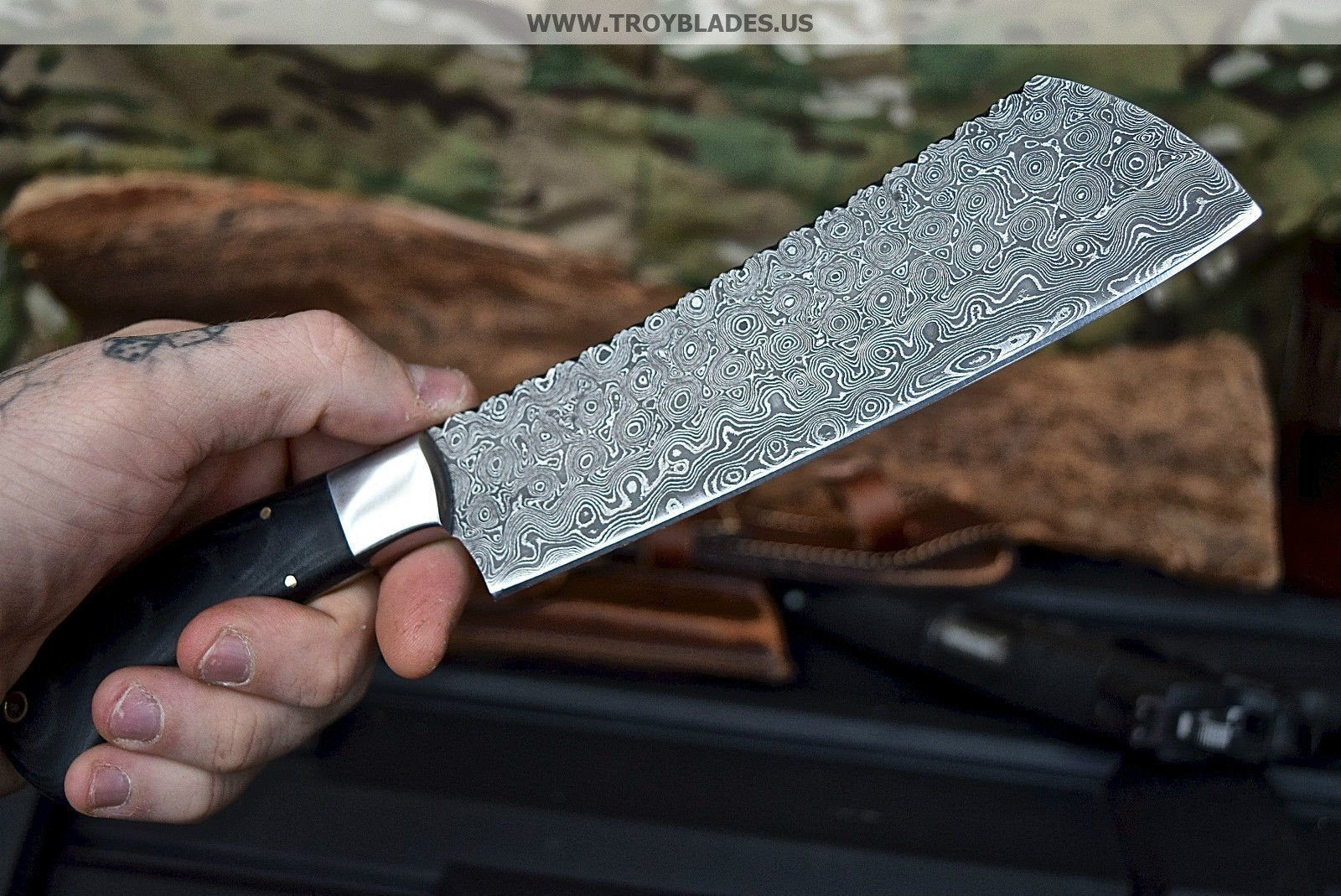 Custom Handmade Damascus Raindrop Cleaver - Troy Blades