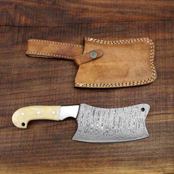 Heavy Duty Damascus Cleaver with Camel Bone Scales - 9.5" - Troy Blades