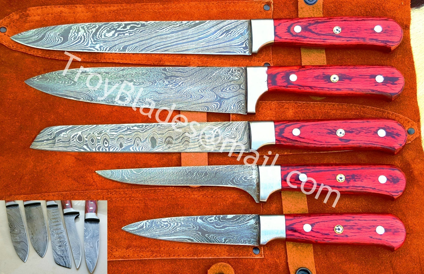 Handmade Damascus Chef kitchen and BBQ Knives Set - Troy Blades