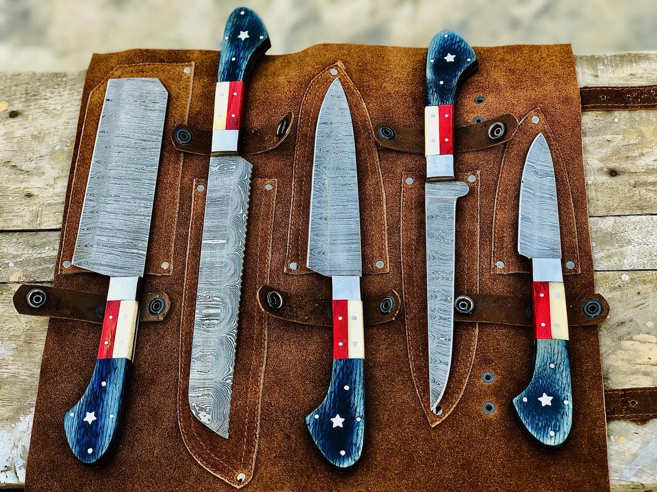 Texas Flag Handles Custom Handmade DamascusOutdoor Kitchen/BBq knives set - Troy Blades