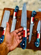 Texas Flag Handles Custom Handmade DamascusOutdoor Kitchen/BBq knives set - Troy Blades
