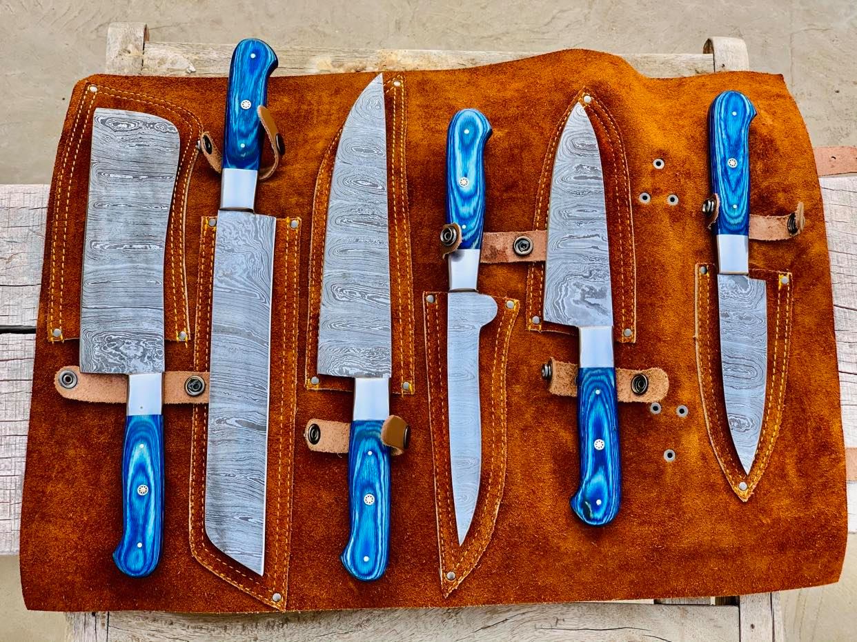 Beautiful Custom Blue hand made Damascus steel kitchen knives set 06 - Troy Blades