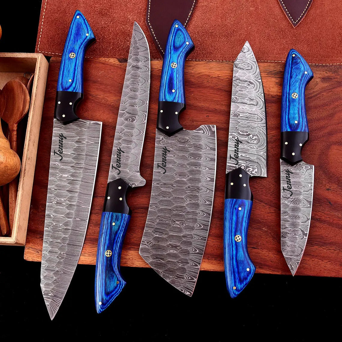 Personalized The Dahlia | 5-Piece Chef Knife Set + Leather Roll Troy Blades