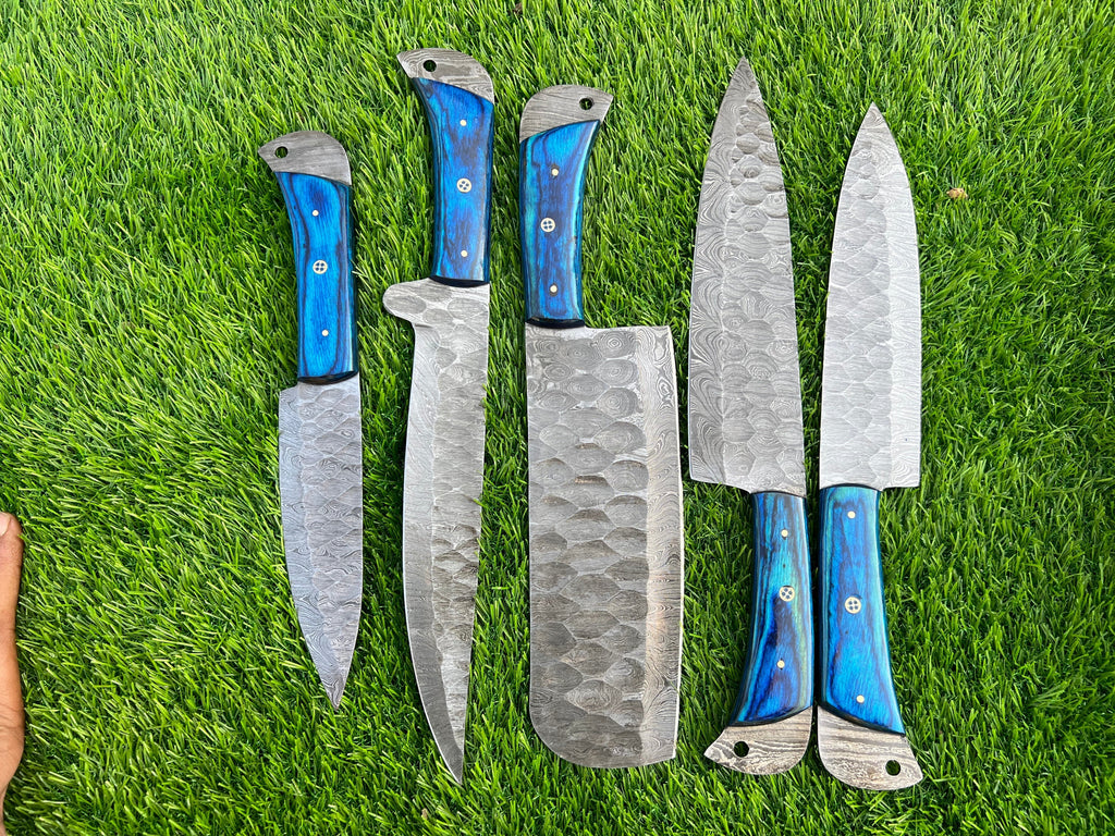 Blue Handles The Valhalla  | 5-Piece Set + Leather Roll - Troy Blades