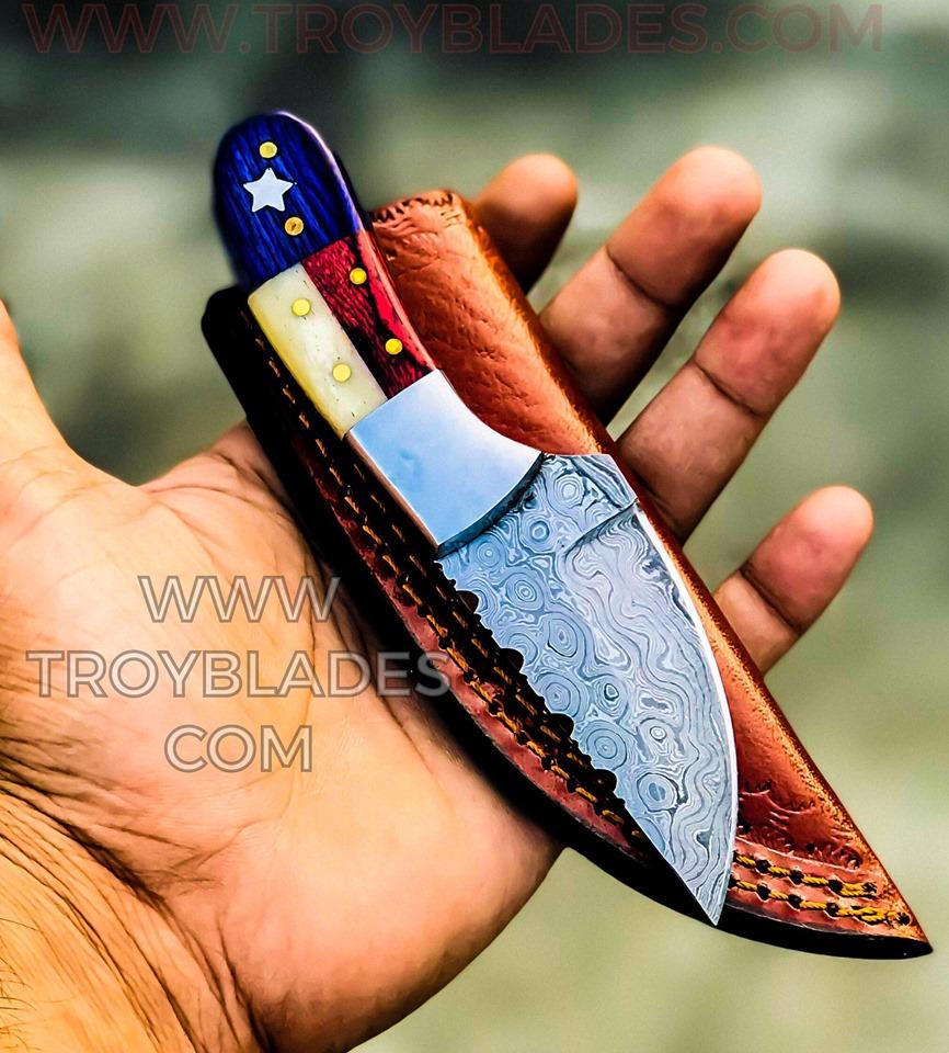 Texas Flag Handles Beautiful Custom Handmade Damascus Camp Hunting Skinning Knife - Troy Blades