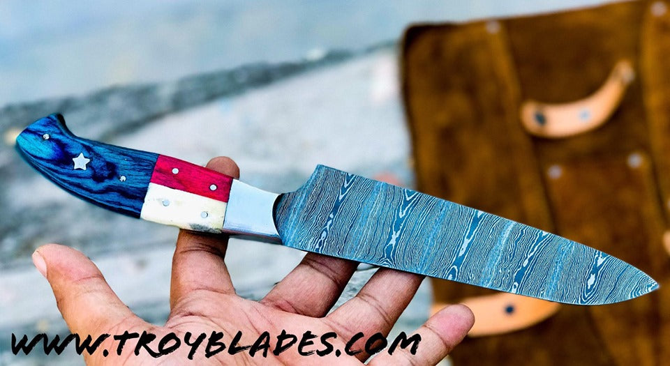 Texas handle Damascus Steel Handmade Santoku Chef Knife - Troy Blades