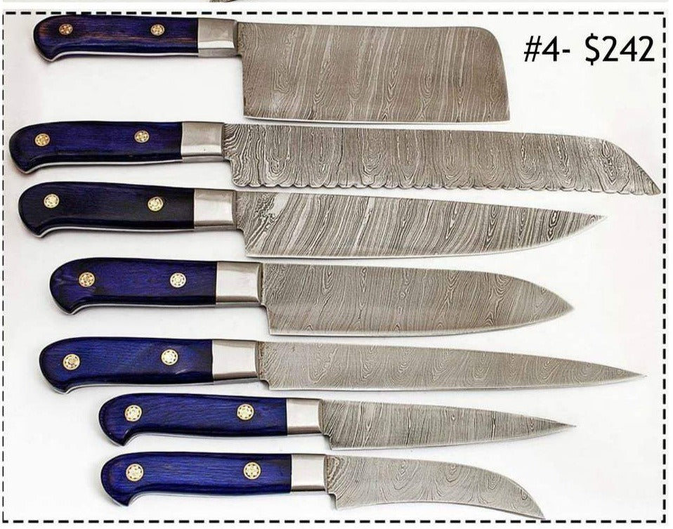 Beautiful Custom Blue hand made Damascus steel kitchen knives set 07 Rod All - Troy Blades