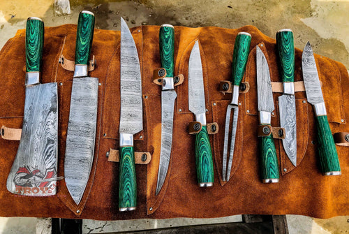 Beautiful Custom Handmade Damascus BBQ/kitchen knives 09 pcs - Troy Blades