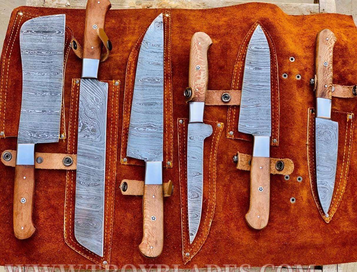 Beautiful Custom Blue hand made Damascus steel kitchen knives set 06 All - Troy Blades bbq grill