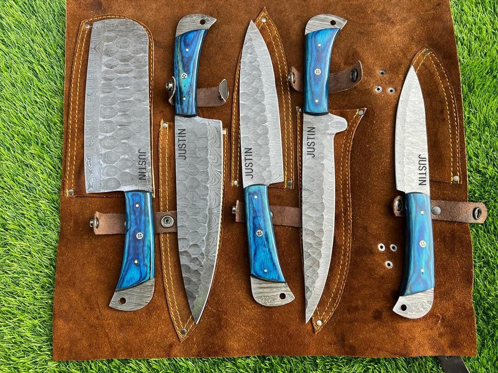 Personalized Valhalla Damascus 5-Piece Chef Knife Set with Leather Roll Texan Blades
