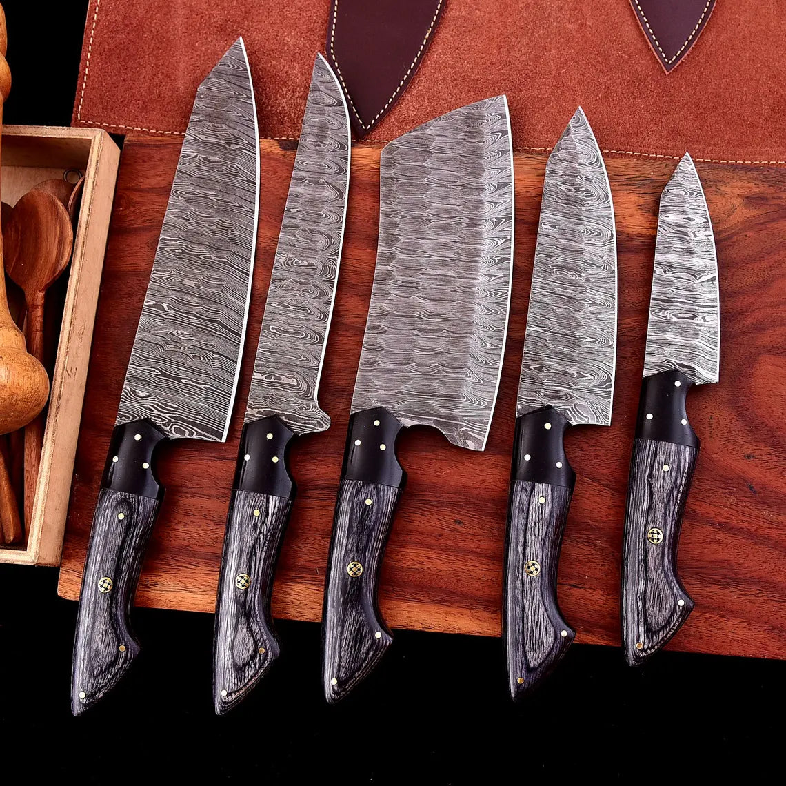 The Dahlia | 5-Piece Chef Knife Set + Leather Roll - Troy Blades