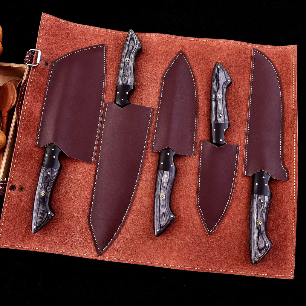 The Dahlia | 5-Piece Chef Knife Set + Leather Roll - Troy Blades