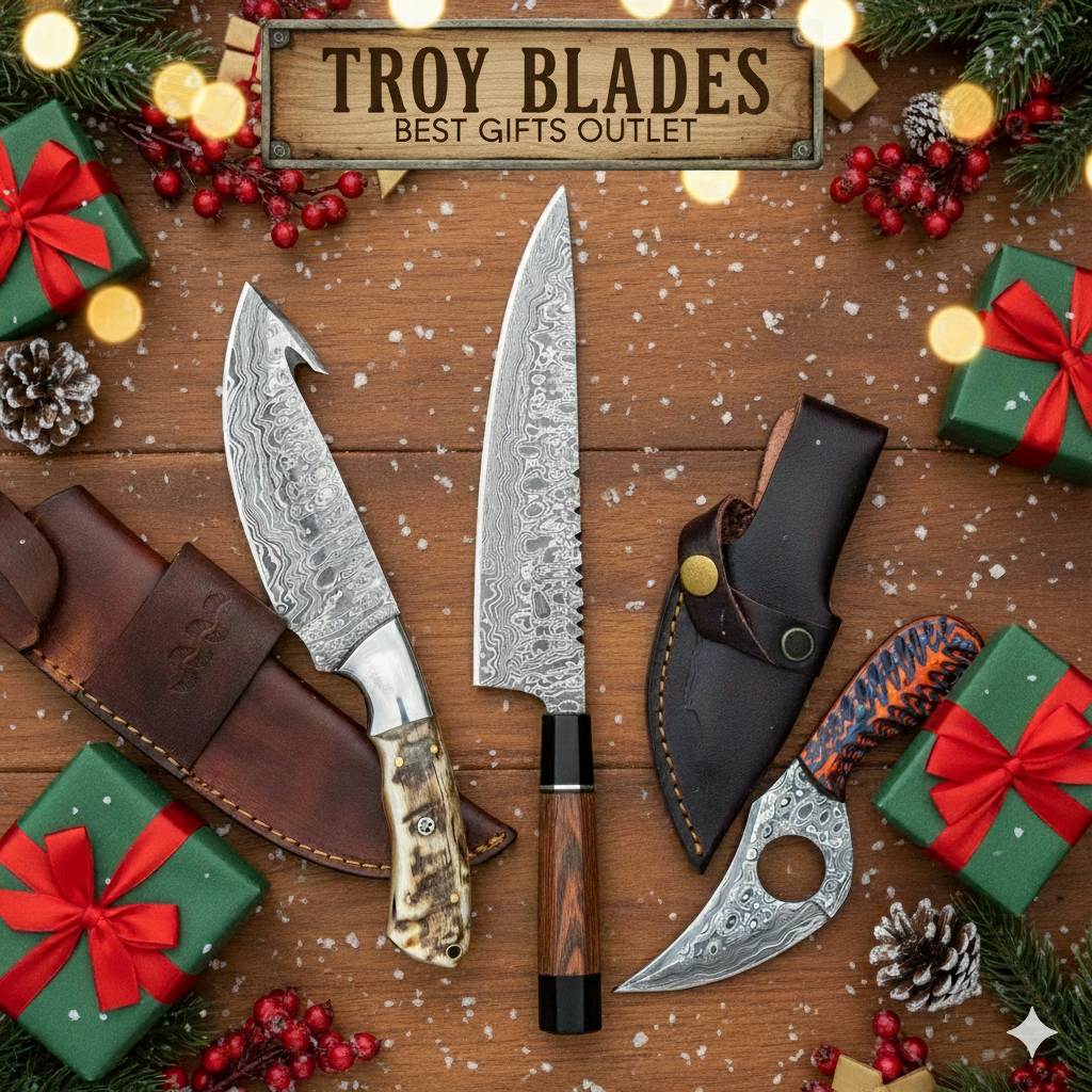 Christmas Bundle Deal Handmade Damascus Steel Hunting Knife, 15" Chef Knife And Gut Hook Ram Horn - Troy Blades