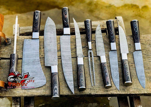 Beautiful Custom Handmade Damascus BBQ/kitchen knives 09 pcs - Troy Blades
