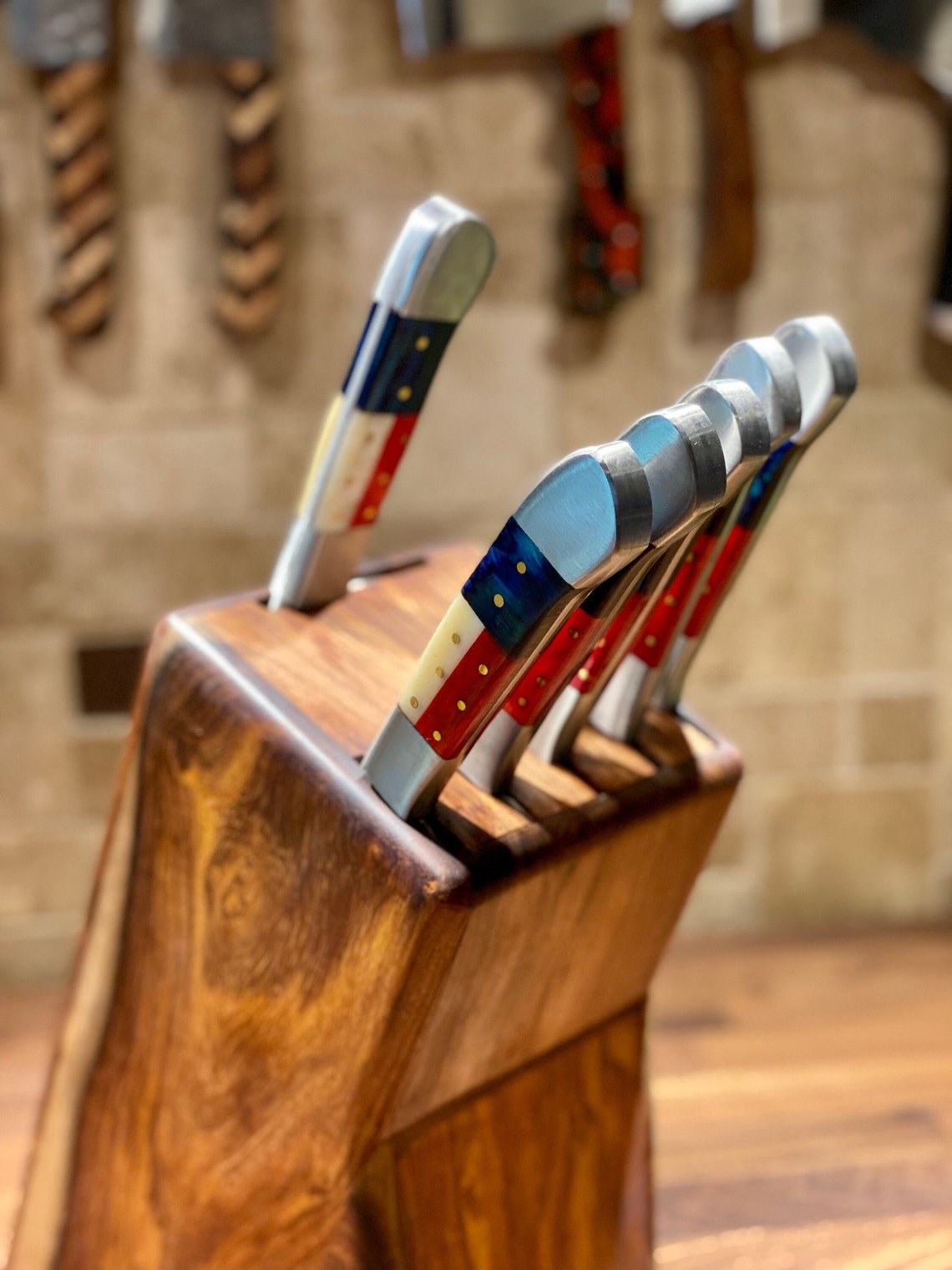 Custom Handmade Damascus Texas Flag Handles Knives set of 7 - Troy Blades